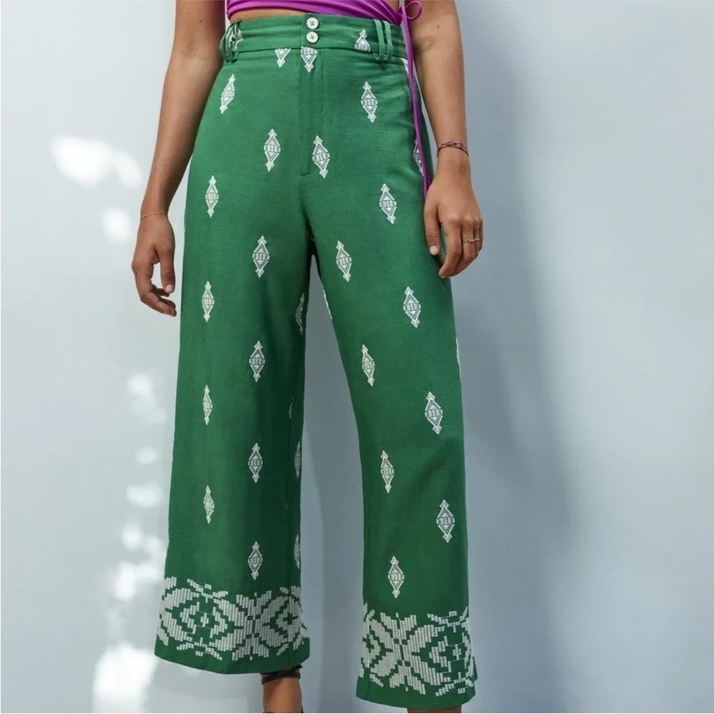 ZARA Linen embroidered green wide leg cropped Coolots
